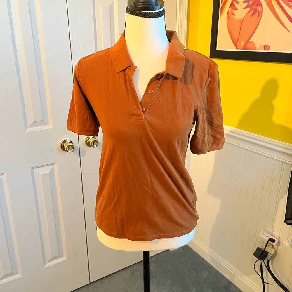 Everlane Mustard Copper Brown Bronze Polo Shirt Button Up Short Sleeve Top xs - Picture 2 of 4